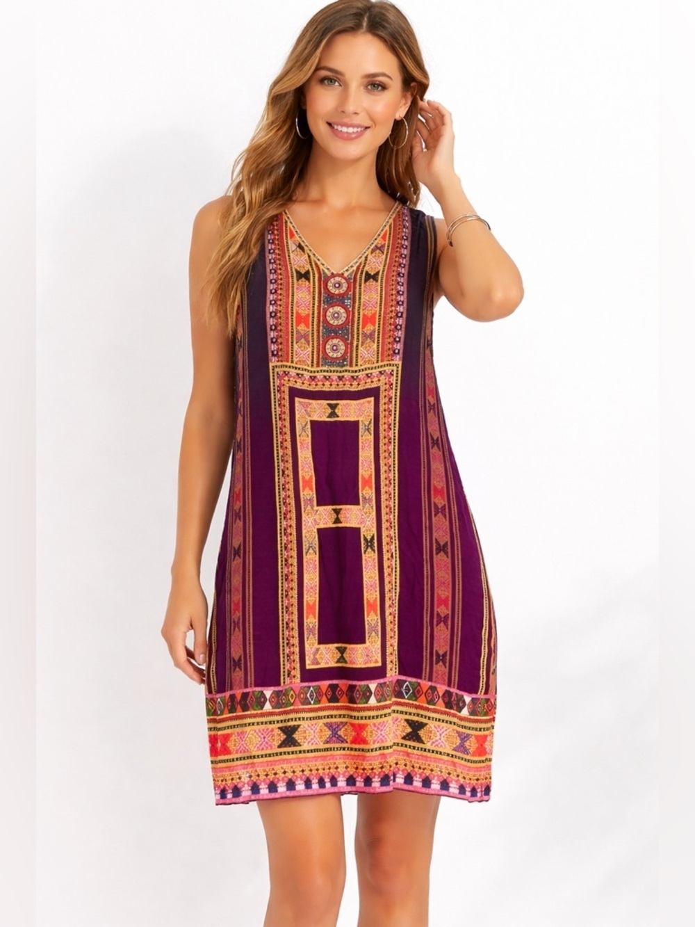 Anthropologie Tanvi Kedia Rich Multi Rayon Shift Dress boho tribal women’s M